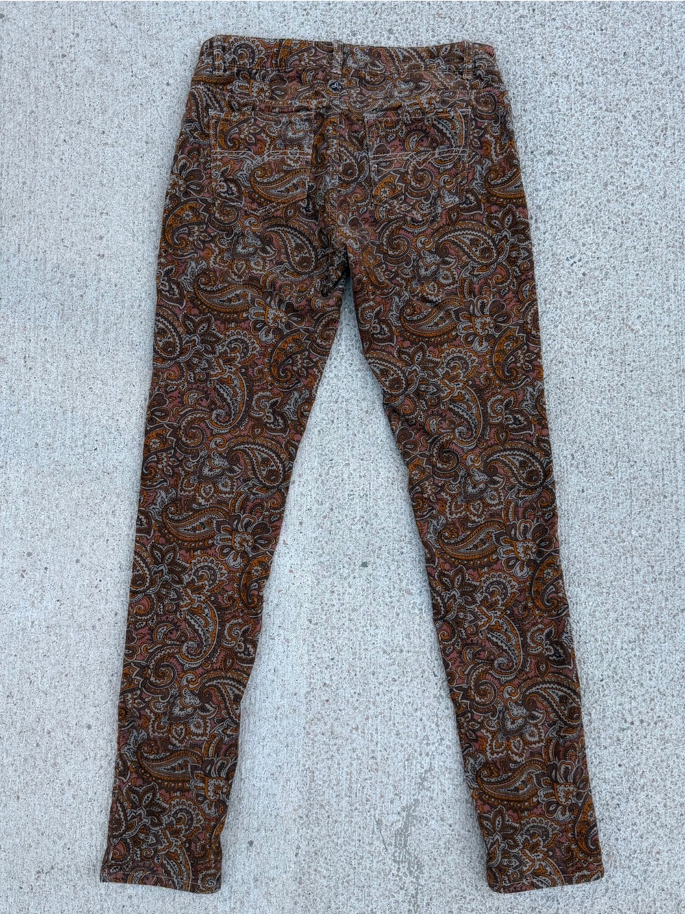 prAna Trinity Paisley Corduroy Pants Low Rise Skinny Trousers 8 Brown Boho EUC - Picture 5 of 12